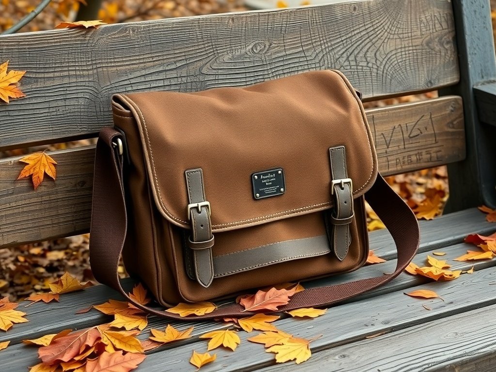 Vintage-inspired brown messenger bag on a bench surrounded by autumn leaves