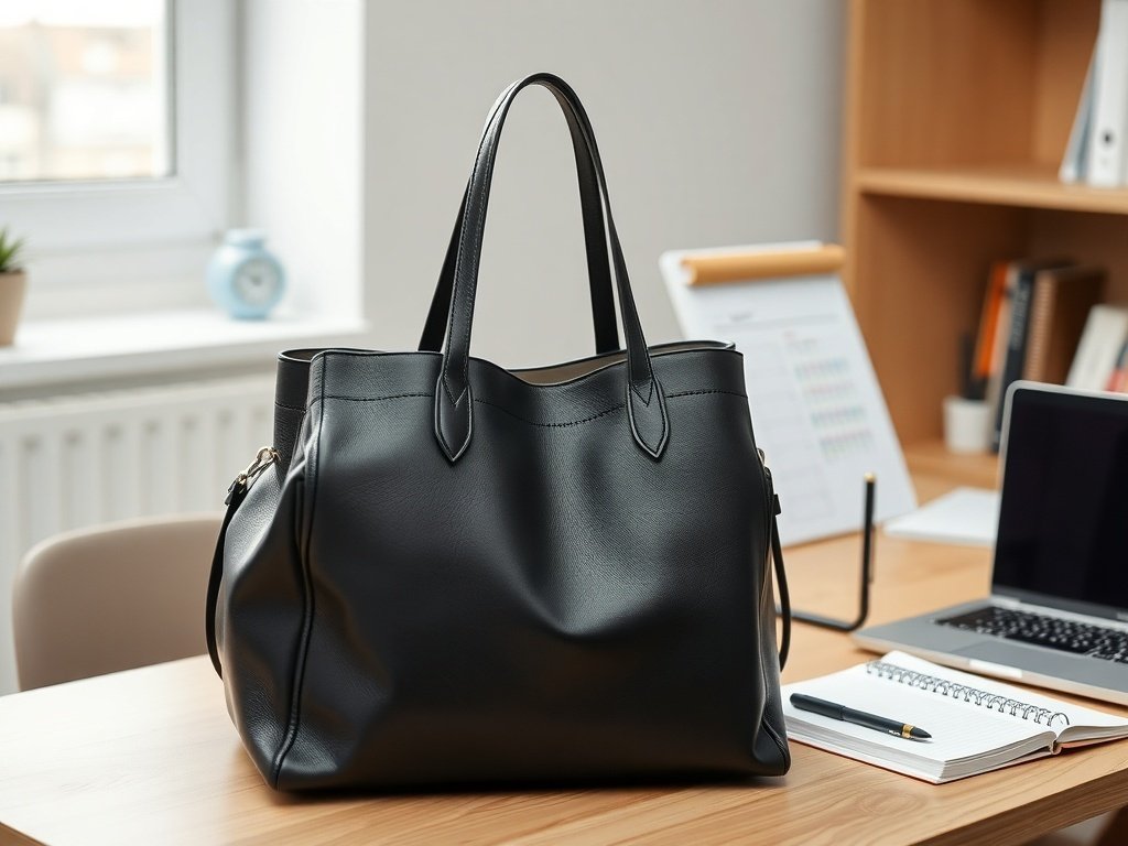 Sleek black leather tote bag on a desk with a laptop and notepad.