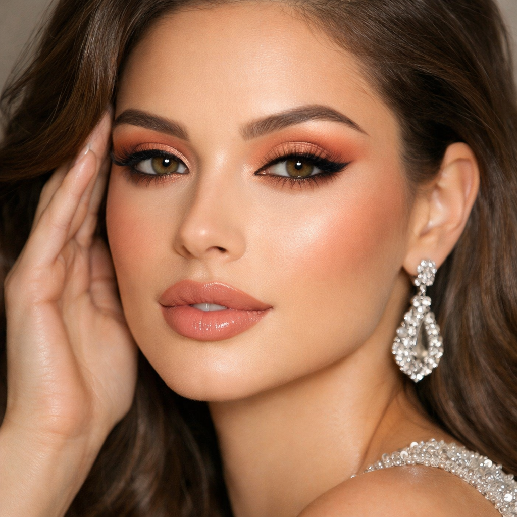 Fashion model with soft apricot eyeshadow, showcasing a glamorous look.