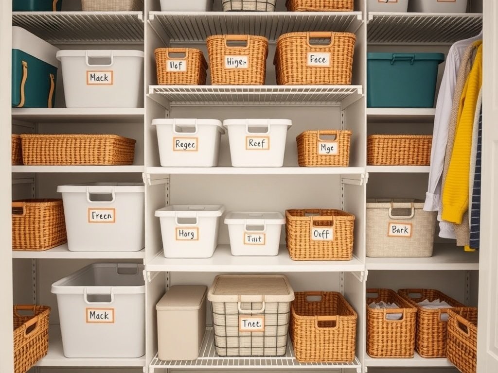 Organized closet with labeled storage containers.