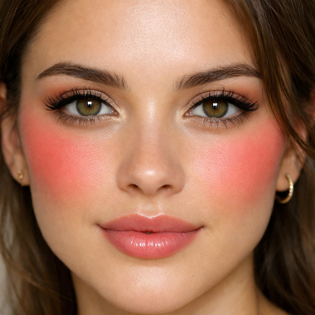 Close-up of a model with warm coral blush on her cheeks.