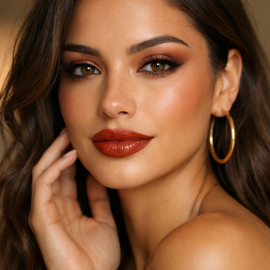 A glamorous fashion model with cinnamon infused lips and captivating eyes.