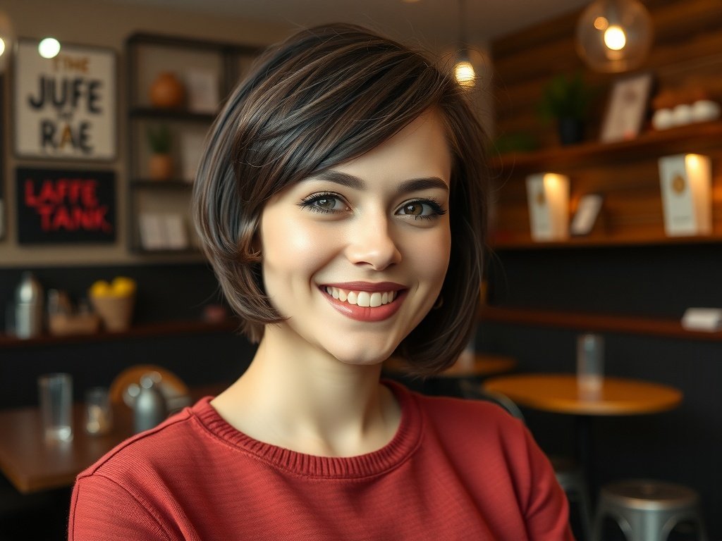 A woman sporting a classic bob haircut with pixie elements, smiling in a coffee shop.