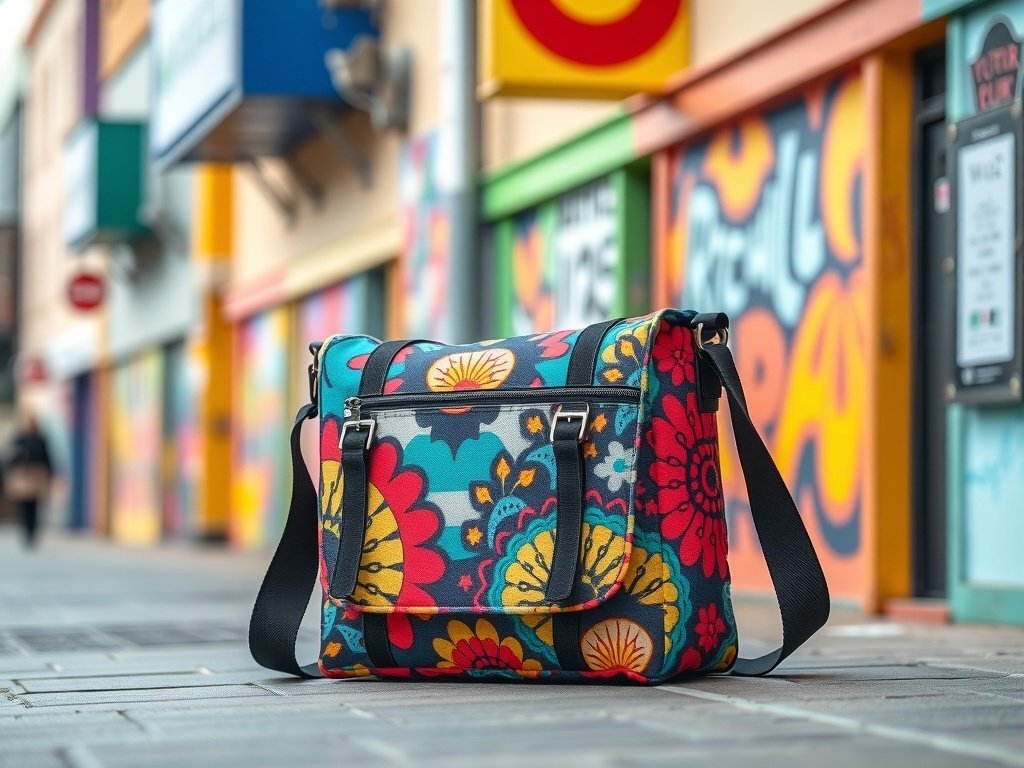 Chic canvas messenger bag with colorful floral designs.