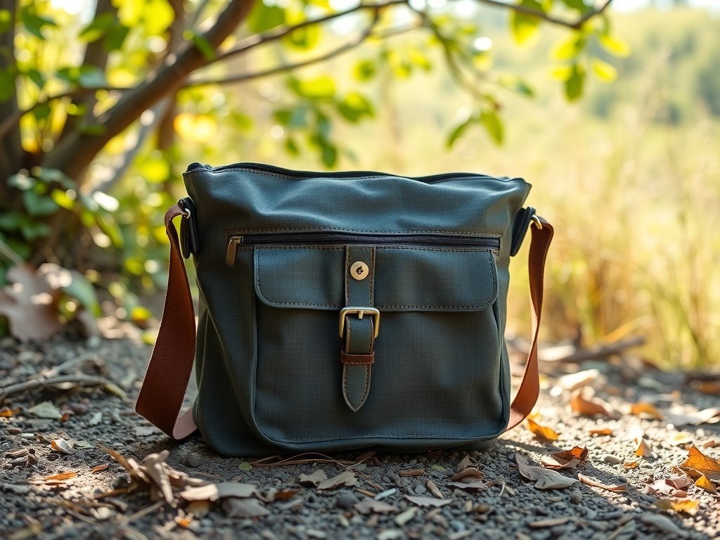 A stylish eco-friendly messenger bag on a natural background.