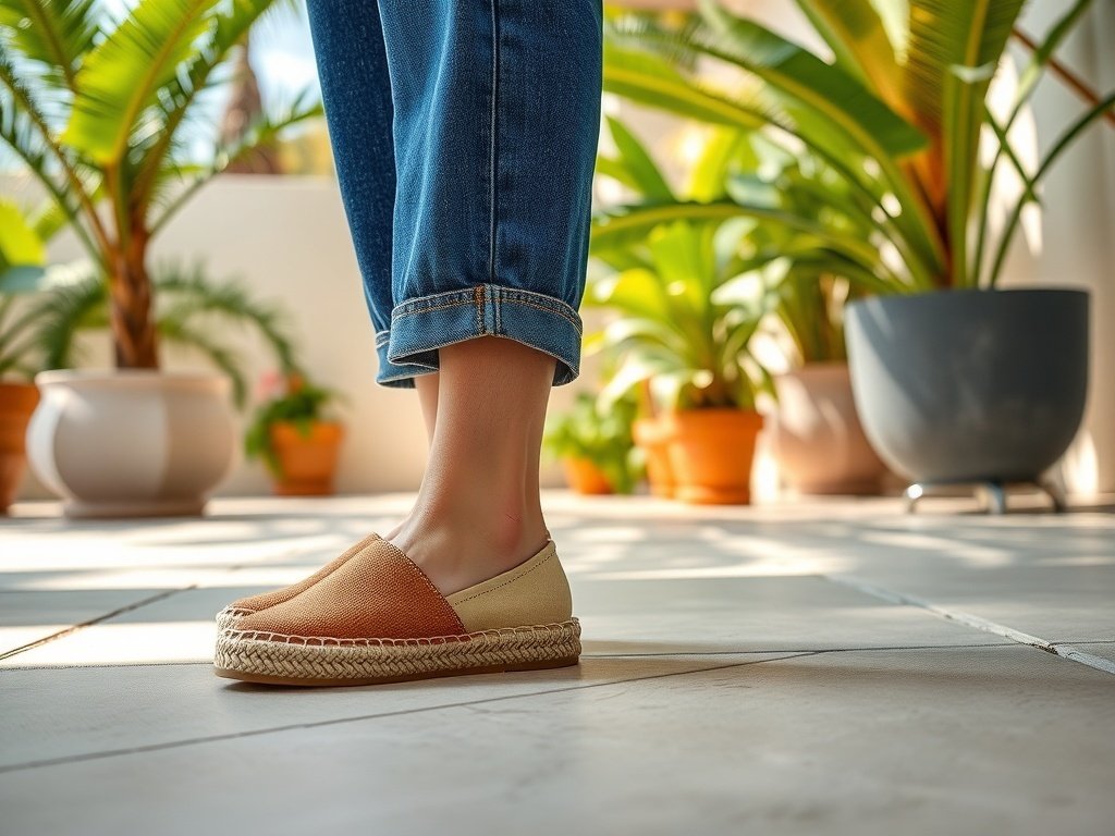 A close-up of a person wearing espadrilles with wide leg jeans, surrounded by plants.