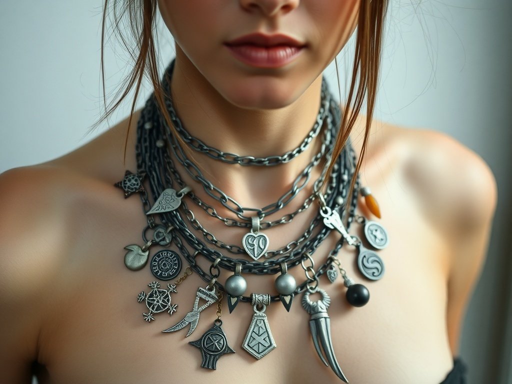 A model wearing a multi-strand pewter necklace adorned with various charms.