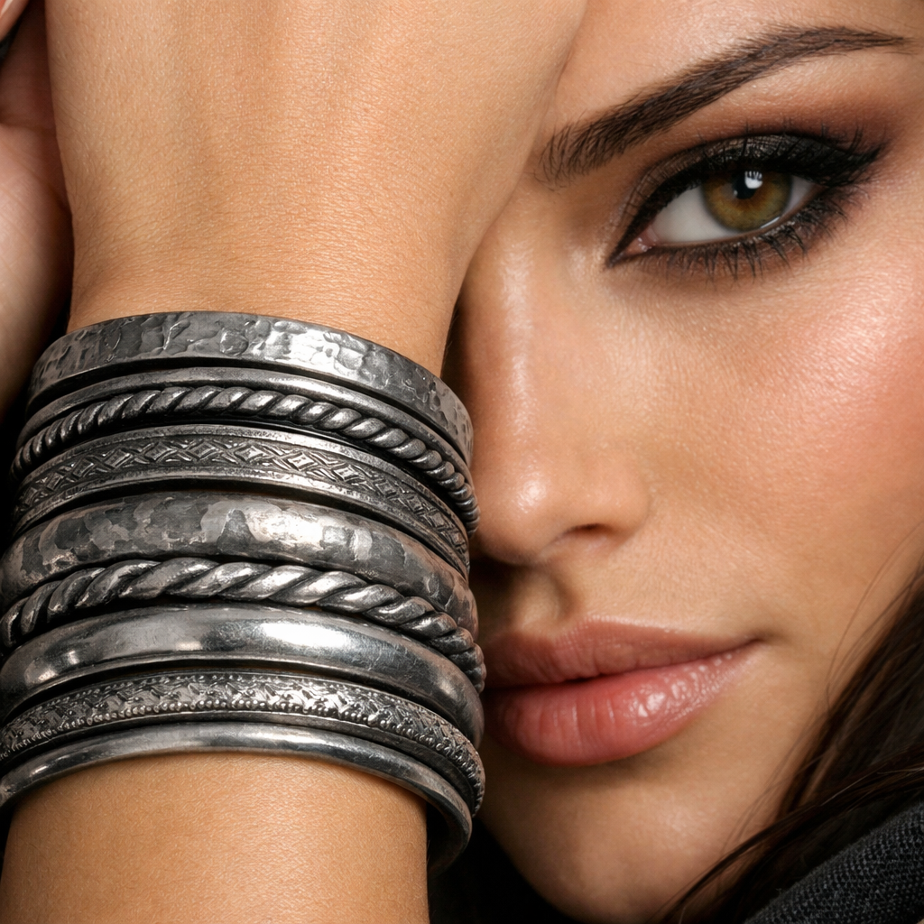 A fashionable model showcasing layered bangles with textured finishes.