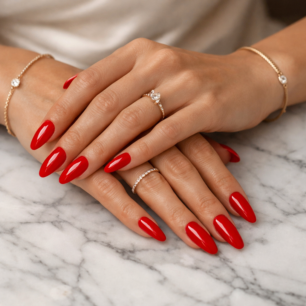Realistic fashion model hands showcasing long red nails and sparkly thin jewelry on a marble surface.