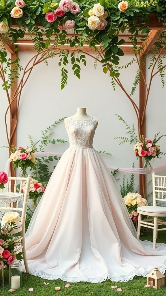 Pastel colored bridal wedding dress displayed among floral decorations.