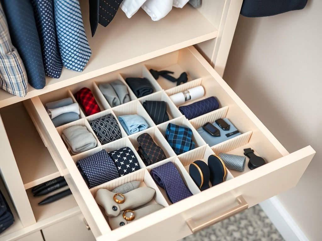 Organized drawer with neatly arranged ties and rolled shirts.