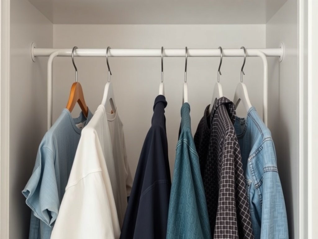 A closet with various shirts hanging on slim hangers.