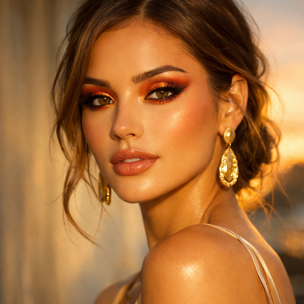 A glamorous fashion model showcasing warm golden eyeshadow during golden hour lighting.