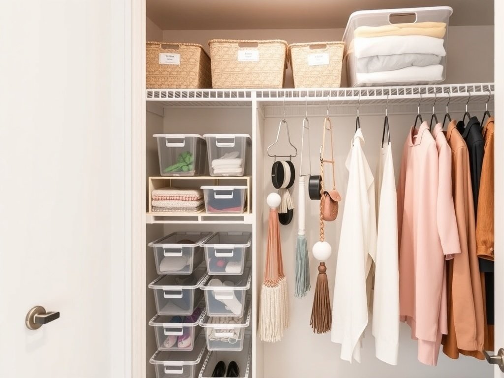 Organized closet with clear storage bins and hanging clothes