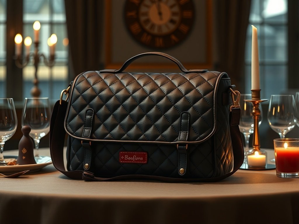Elegant quilted bag on a dining table with candles and wine glasses