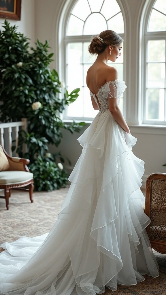 A bride in an off-the-shoulder wedding dress, showcasing delicate ruffles and a flowing train, standing by a bright window.