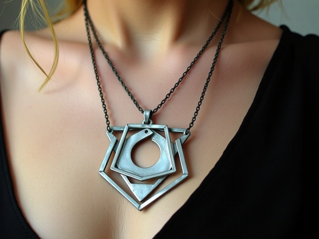 A fashionable model showcasing a geometric pewter pendant necklace