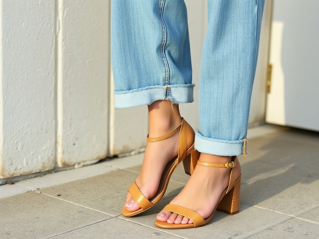 Strappy sandals on a beach setting with wide leg jeans.