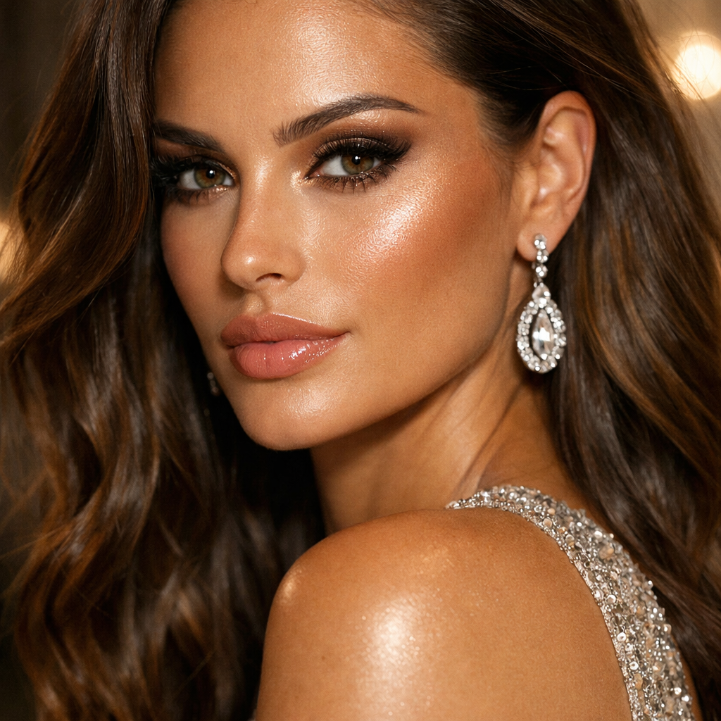Close-up of a glamorous fashion model with subtle bronze highlighter on her face.