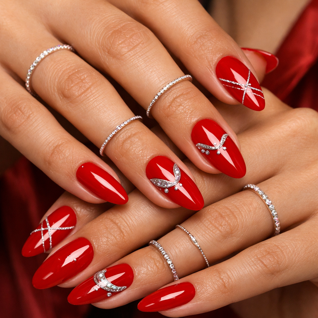 Close-up of a fashion model's hands with long red nails and thin sparkly rings