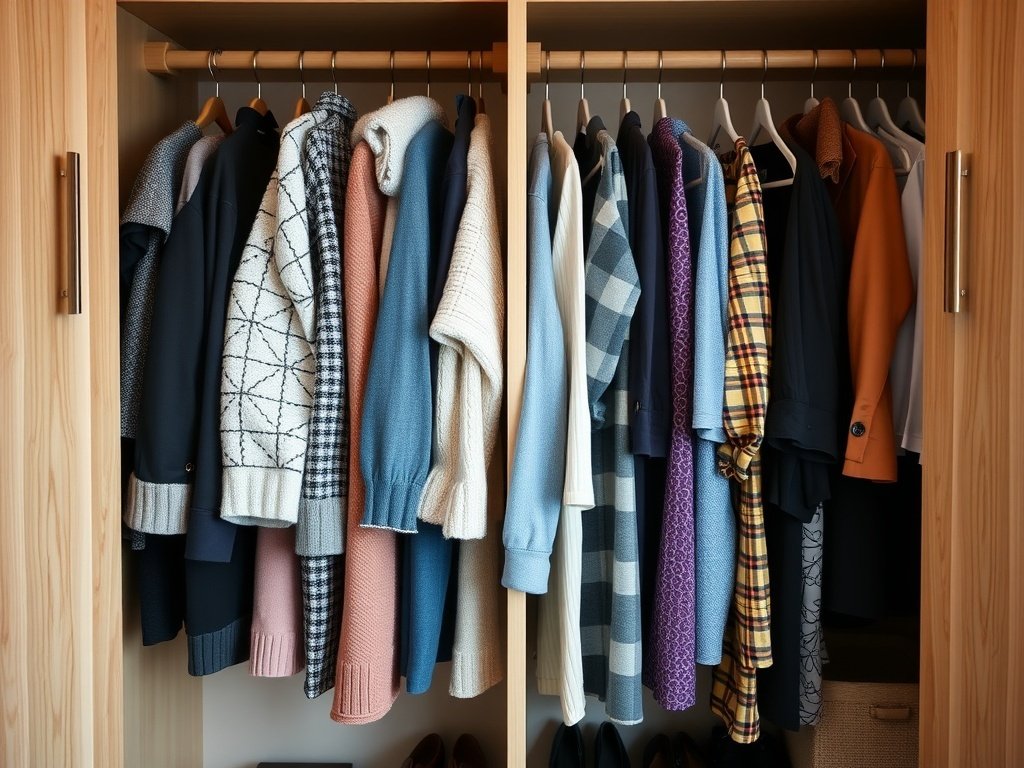 A neatly organized closet with various garments hanging neatly on hangers.