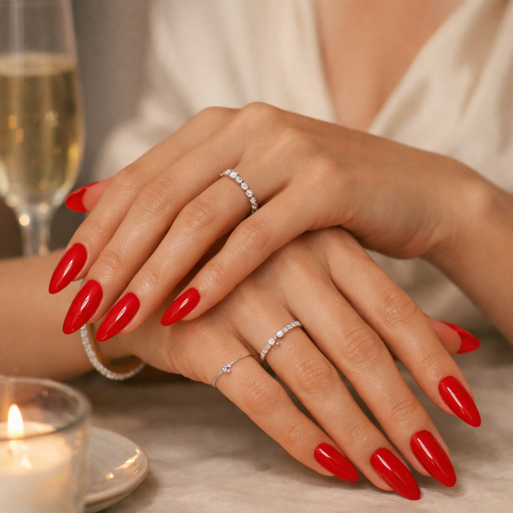 Hands with long red nails adorned with thin sparkly jewelry.