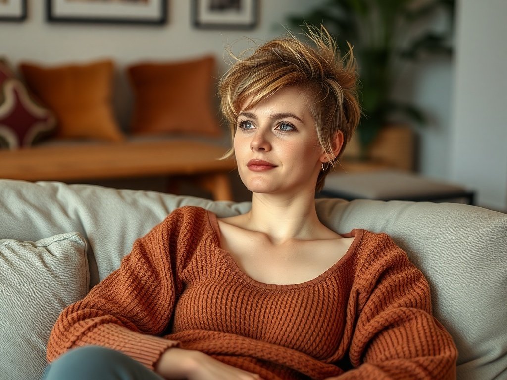 A woman with messy bixie style hair, wearing a cozy orange sweater while relaxing on a couch.