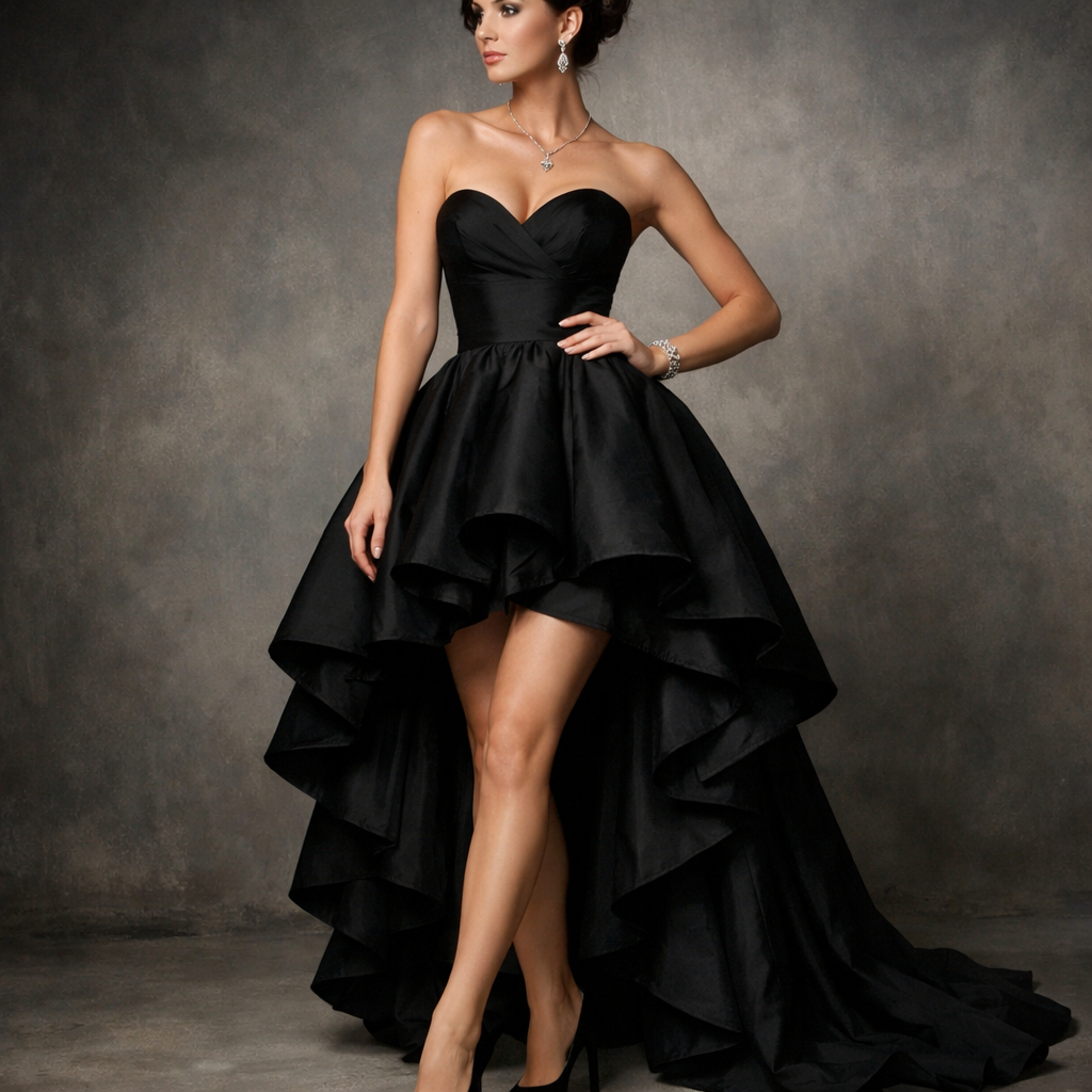A model wearing a dramatic high-low black dress with ruffles, complemented by high heels and elegant jewelry.