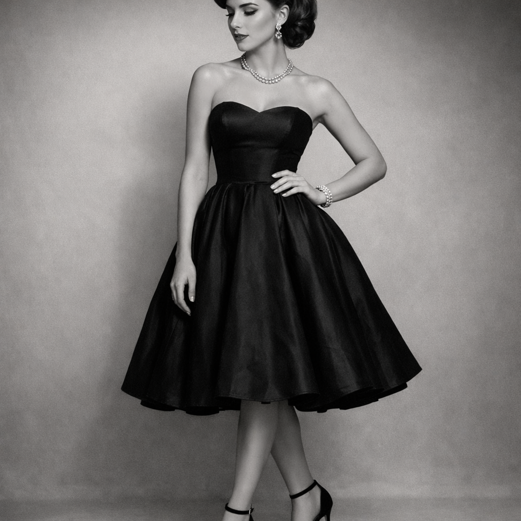Elegant fashion model in a vintage-inspired black cocktail dress with high heels and jewelry.