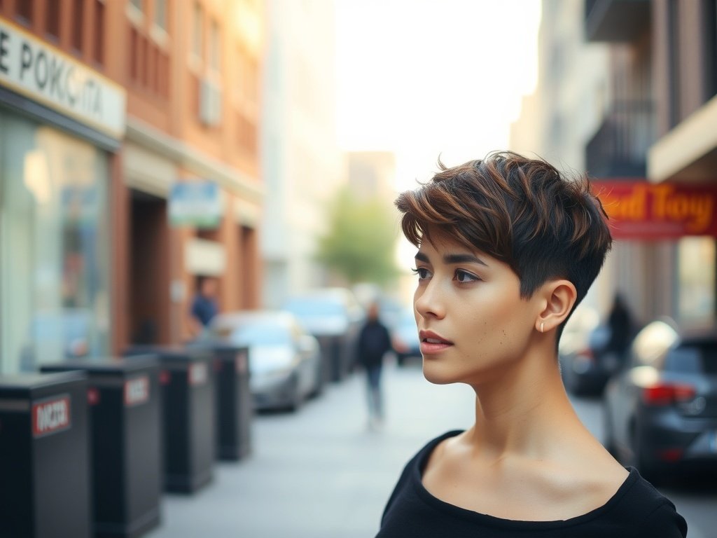 A woman with a chic textured pixie haircut, looking stylish and confident in an urban setting.