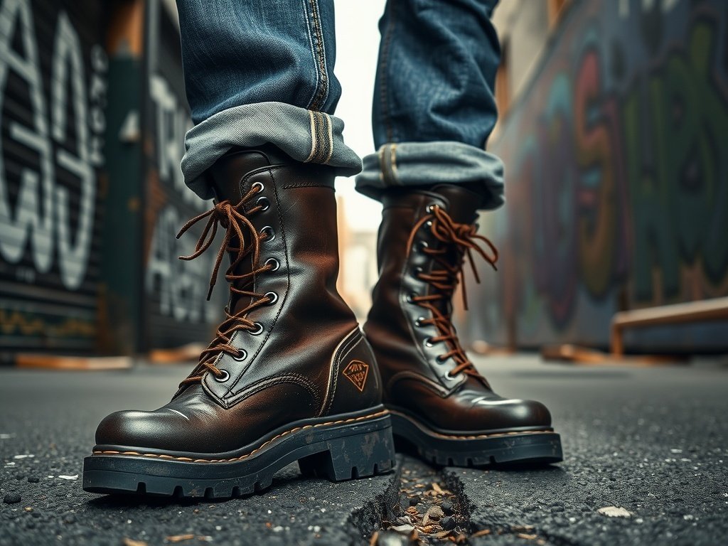 Close-up of combat boots worn with wide leg jeans in an urban setting.
