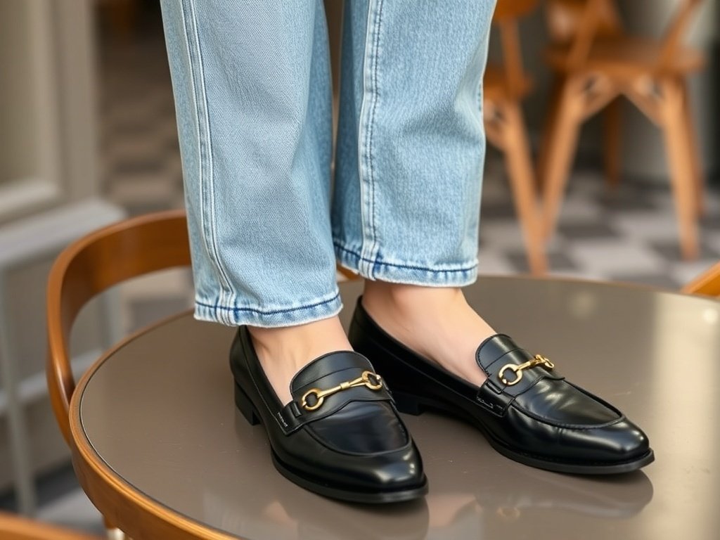 A close-up of stylish black loafers on a person's feet, paired with wide leg jeans.