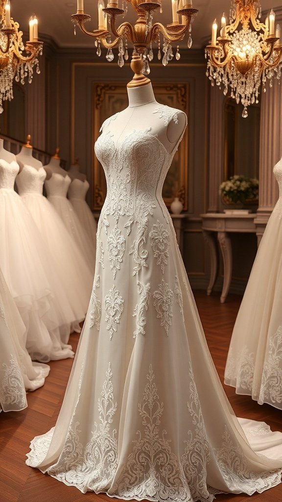 A bridal wedding dress featuring intricate Victorian lace accents displayed in a luxurious setting.