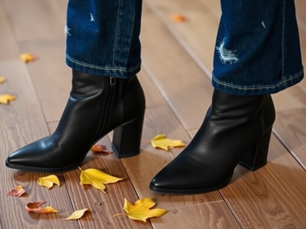Black pointed ankle boots paired with wide leg jeans on a wooden floor with autumn leaves