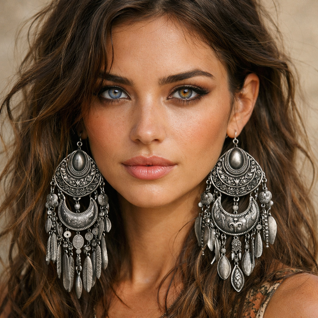 Model with asymmetrical eyes wearing oversized pewter bohemian earrings