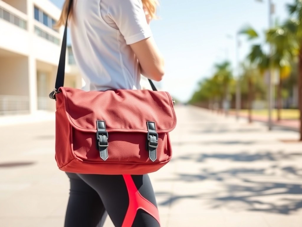 A person carrying a red sporty messenger bag on a sunny day.