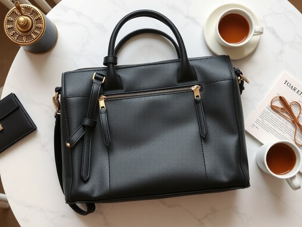 A stylish black structured satchel on a marble table with tea and a notebook.