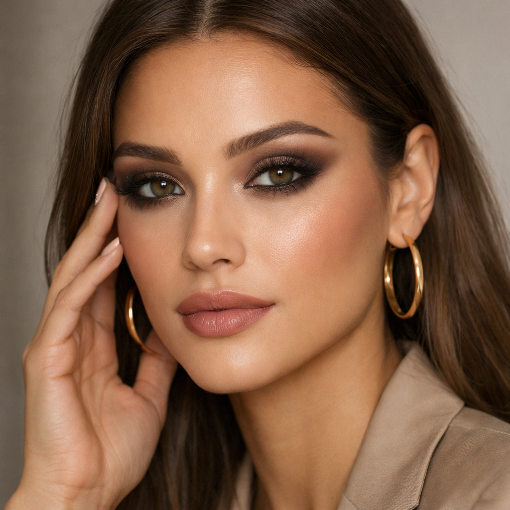 A glamorous model with warm taupe smokey eyes and soft makeup.