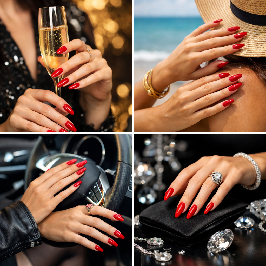 A collage showcasing stylish hands with long red nails in various glamorous settings.