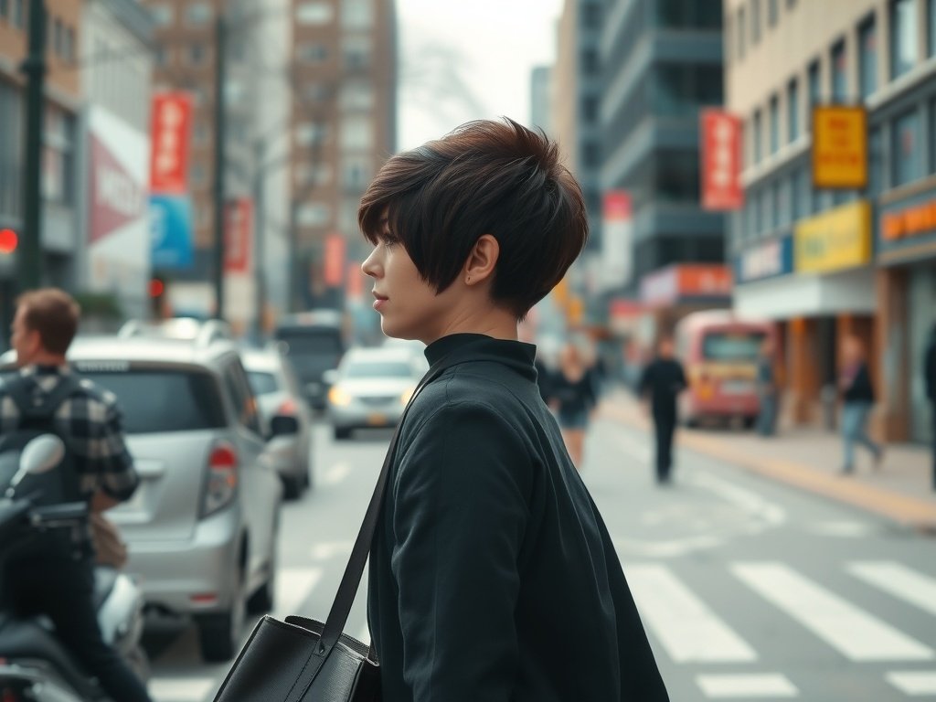 A woman with sleek straight bixie haircut walking in a city street.