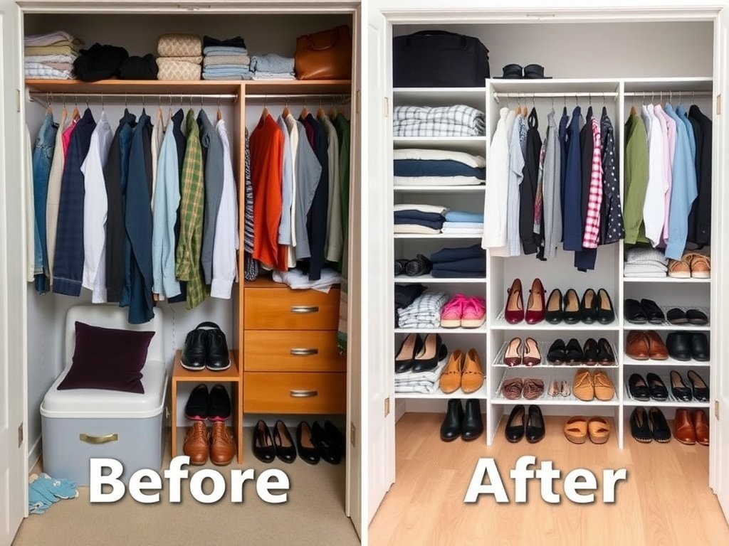 A closet before and after decluttering, showing a neat organization of clothes and shoes.