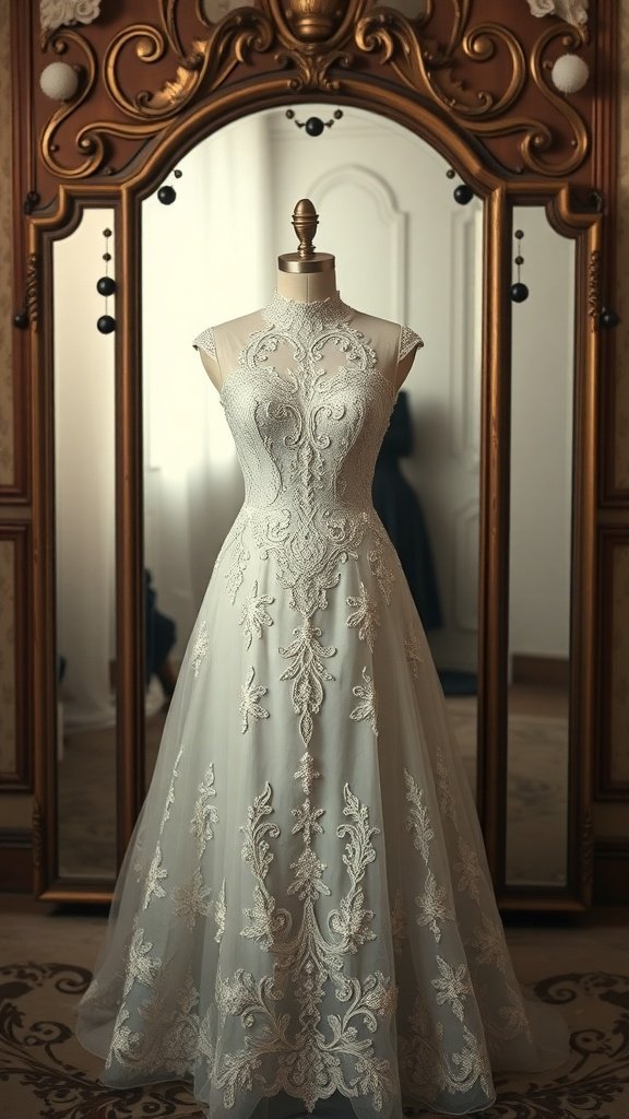 A vintage-inspired bridal wedding dress with a high neckline and intricate embroidery.