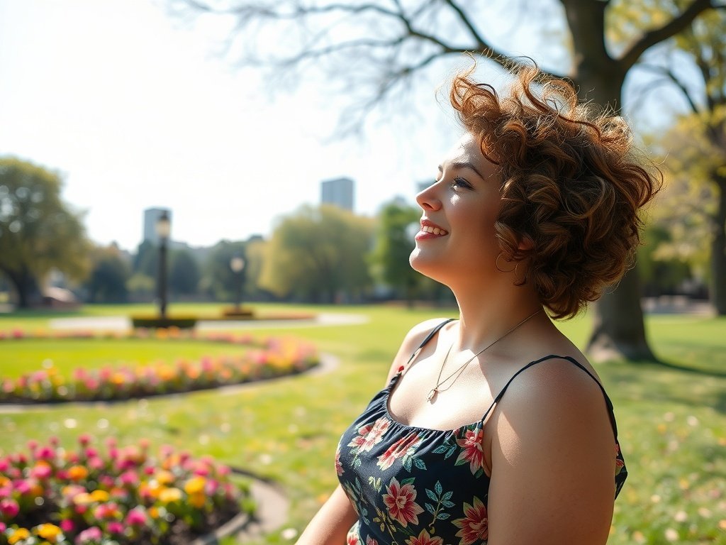 A woman with soft curly bixie hairstyle in a floral dress smiling in a garden.