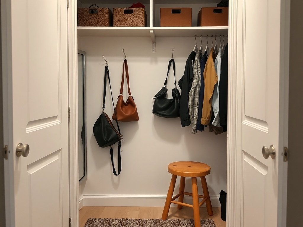 Organized closet with clothes, bags, and a stool.
