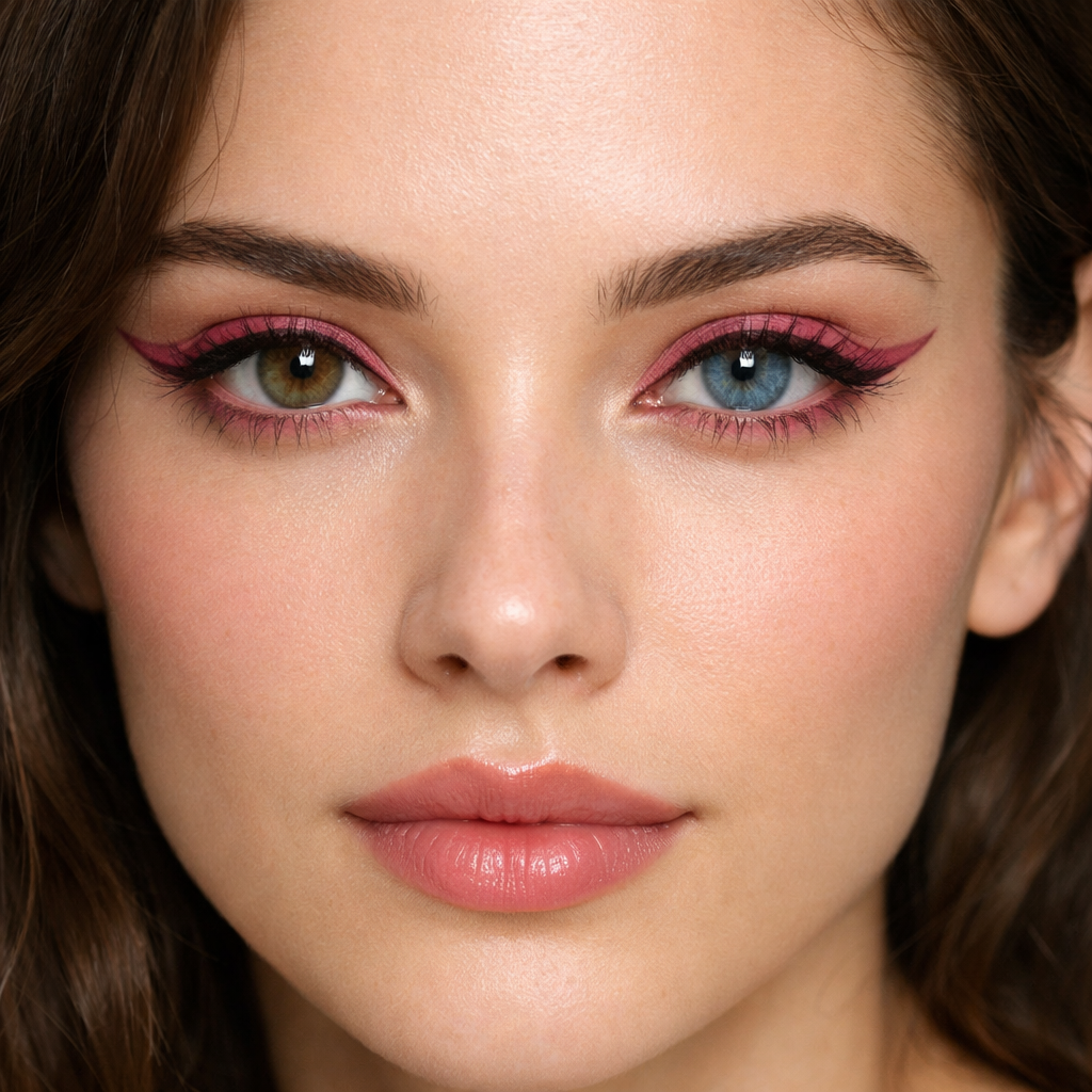 Close-up of a glamorous model with dusty rose eyeliner, showcasing even and asymmetrical eyes.