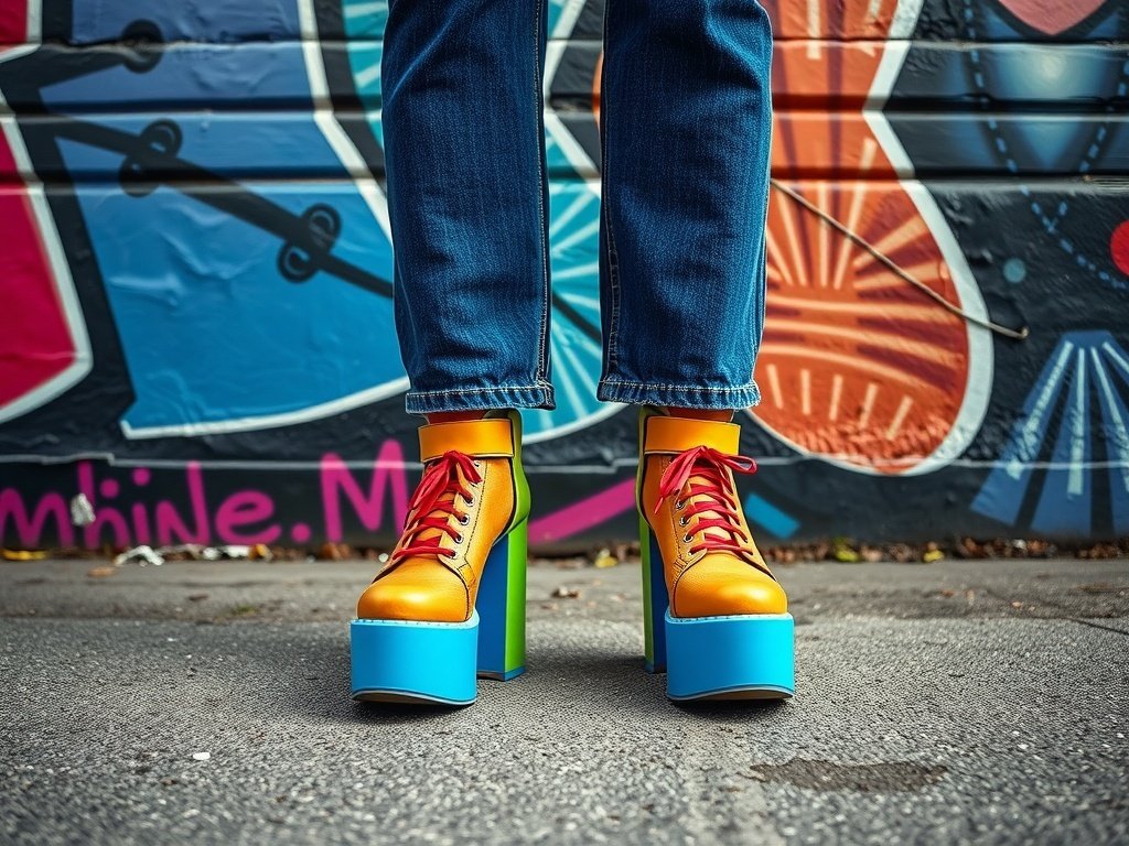 Colorful platform shoes paired with wide leg jeans against a vibrant graffiti background.