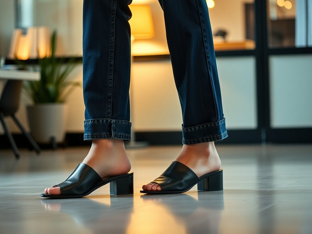 A pair of brown mules next to a person's foot wearing wide leg jeans in a cozy interior.