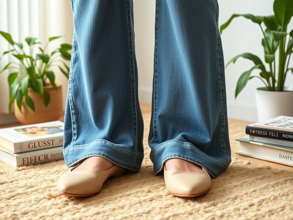 Ballet flats paired with wide leg jeans next to some books and plants.