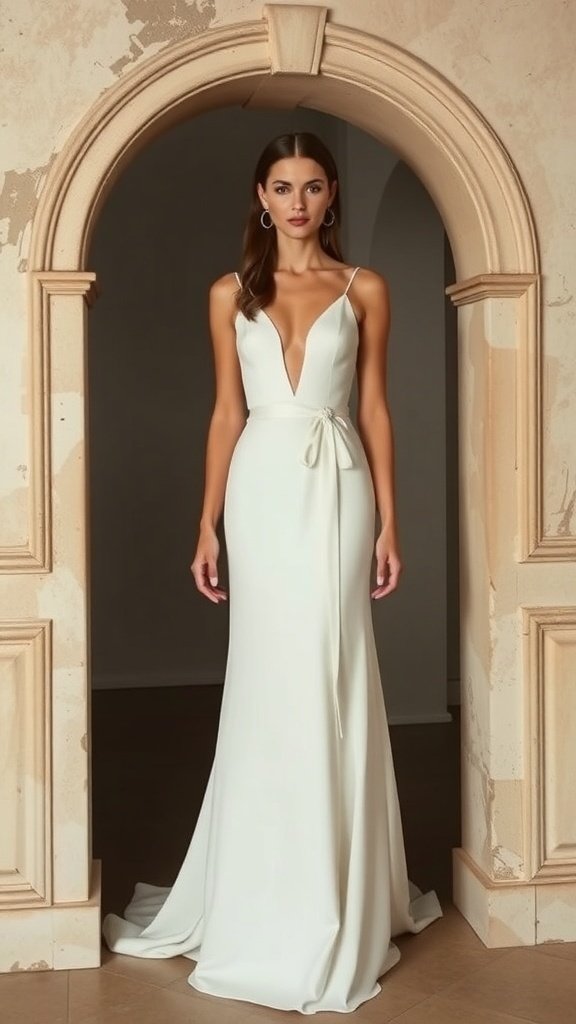A classic A-line bridal wedding dress displayed on a hanger in a forest setting.