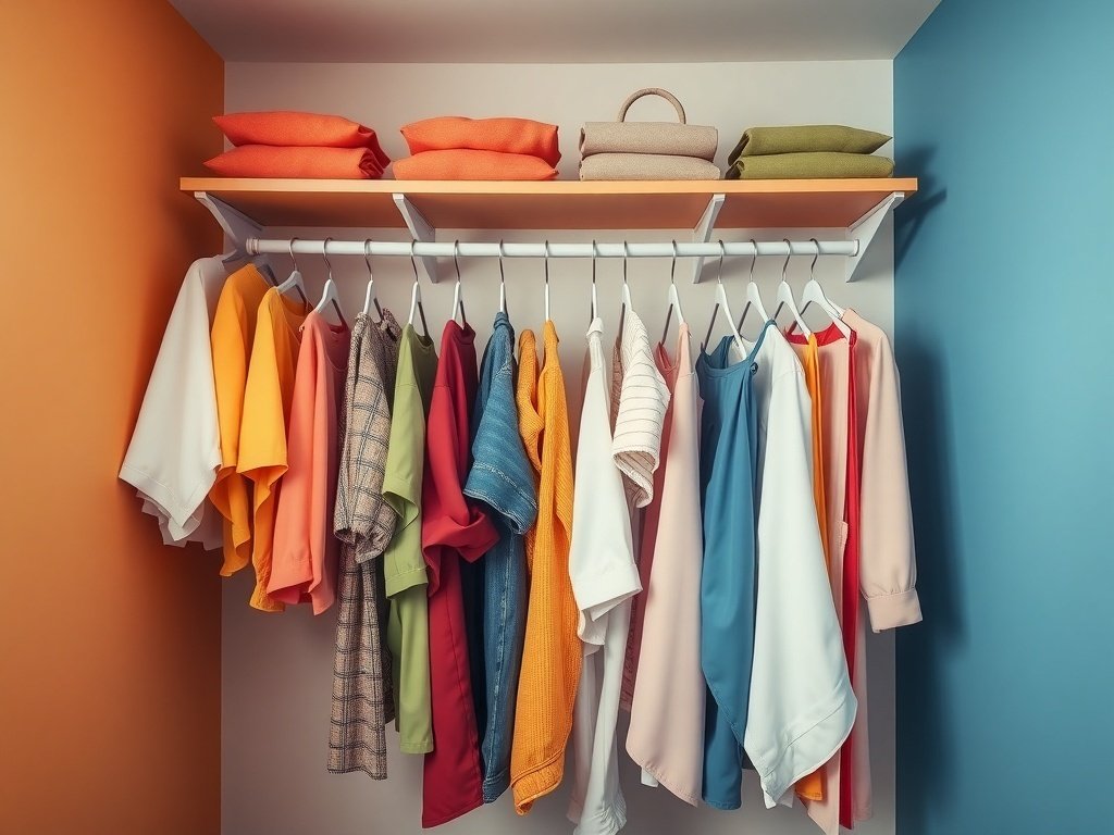 A neatly organized closet with color-coded clothes and folded items.